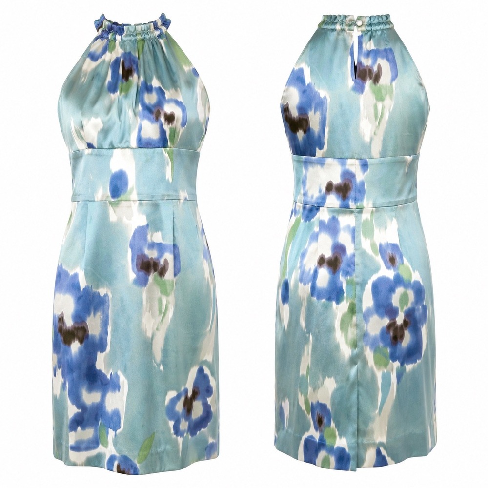 Ann Taylor Silk Halter Sheath Dress Watercolor Floral Coastal Quiet Luxury Sz 0P - Picture 2 of 14